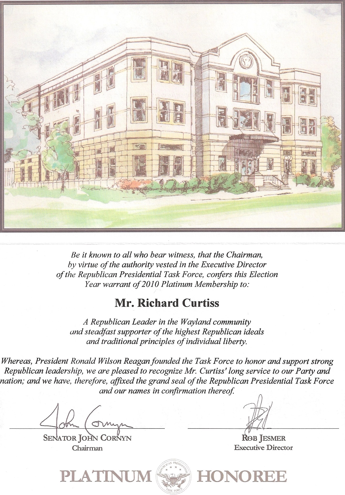 Platinum Honoree Certificate